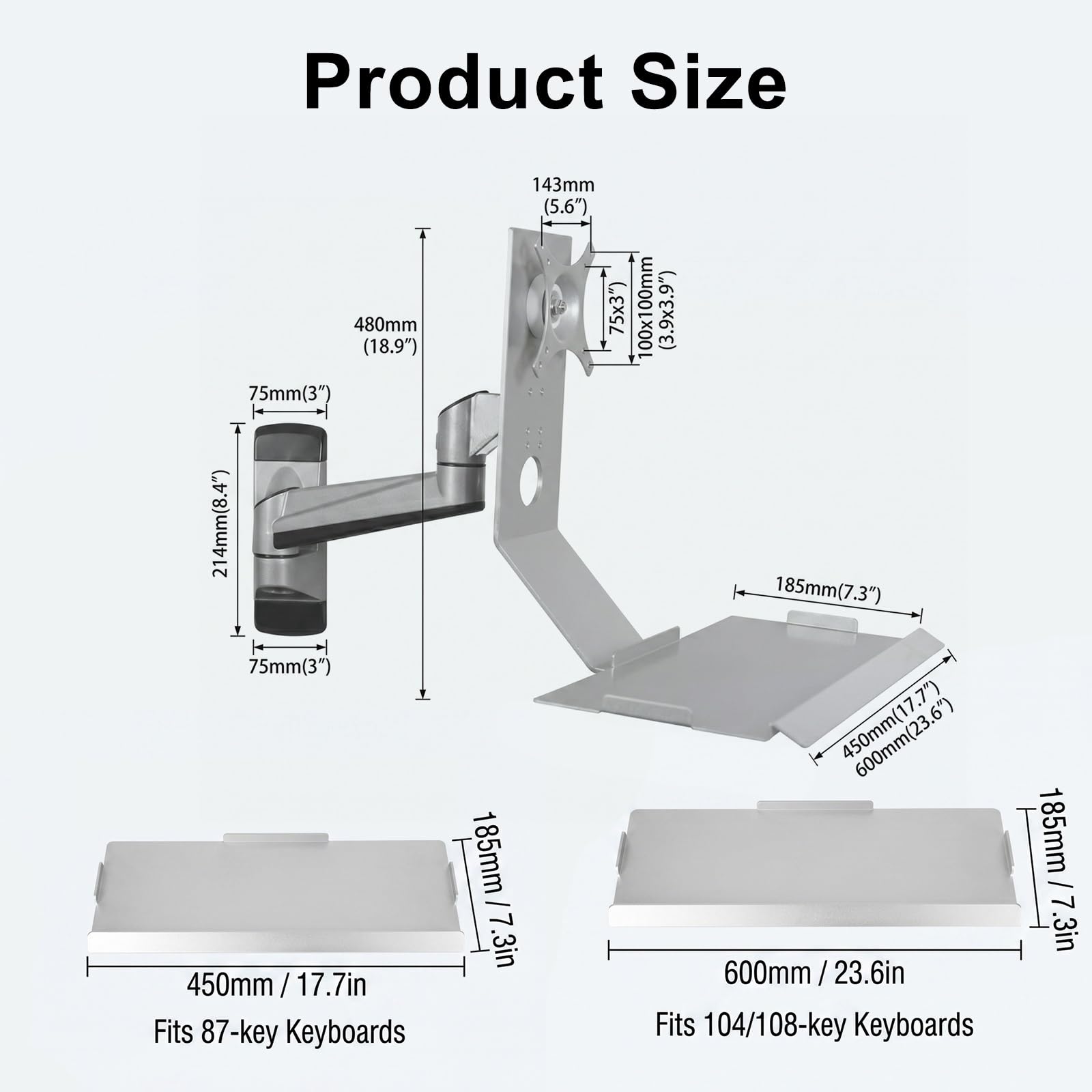 Postazione di lavoro a parete pieghevole per monitor e tastiera, supporto meccanico regolabile con rotazione a 360° e ripiano tastiera, compatibile con monitor da 15-27 pollici(Black,60x21cm)
