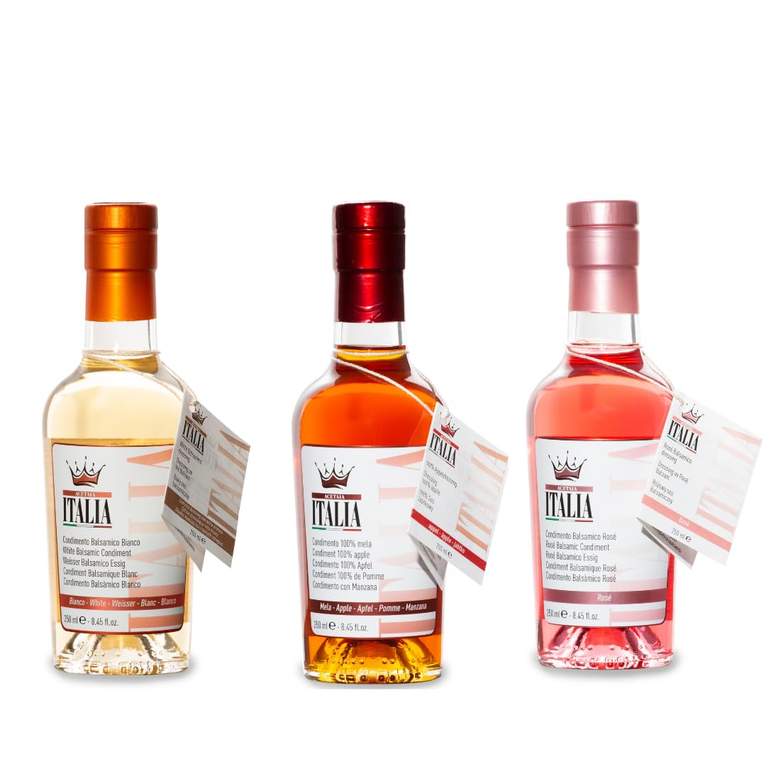 Acetaia Italia - Condimento balsamico bianco, Condimento balsamico rosè e Condimento a base di succo e aceto di mele, 250 ml