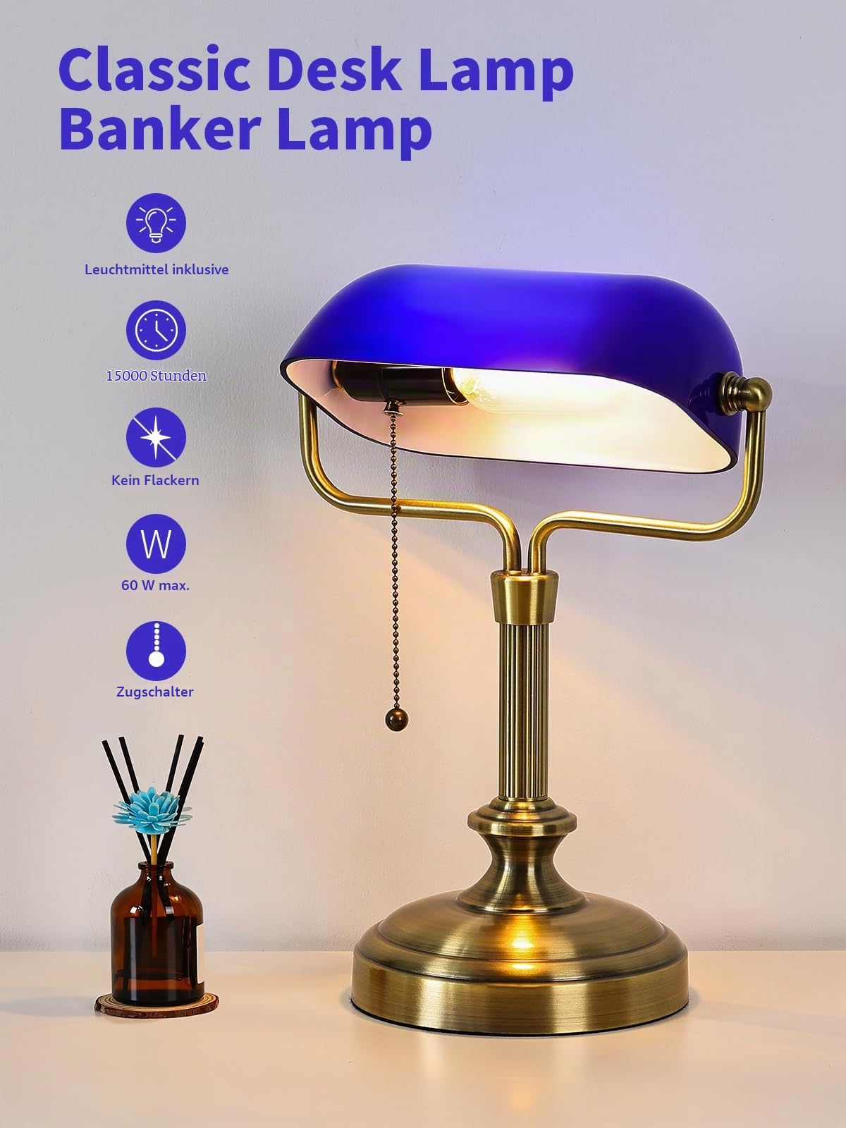 Banker Schreibtischlampe, Glasschatten, Vintage -Lampe mit Pull -Kettenschalter für Heimbüro, Klavierlampe (Antique Brass+Blue)