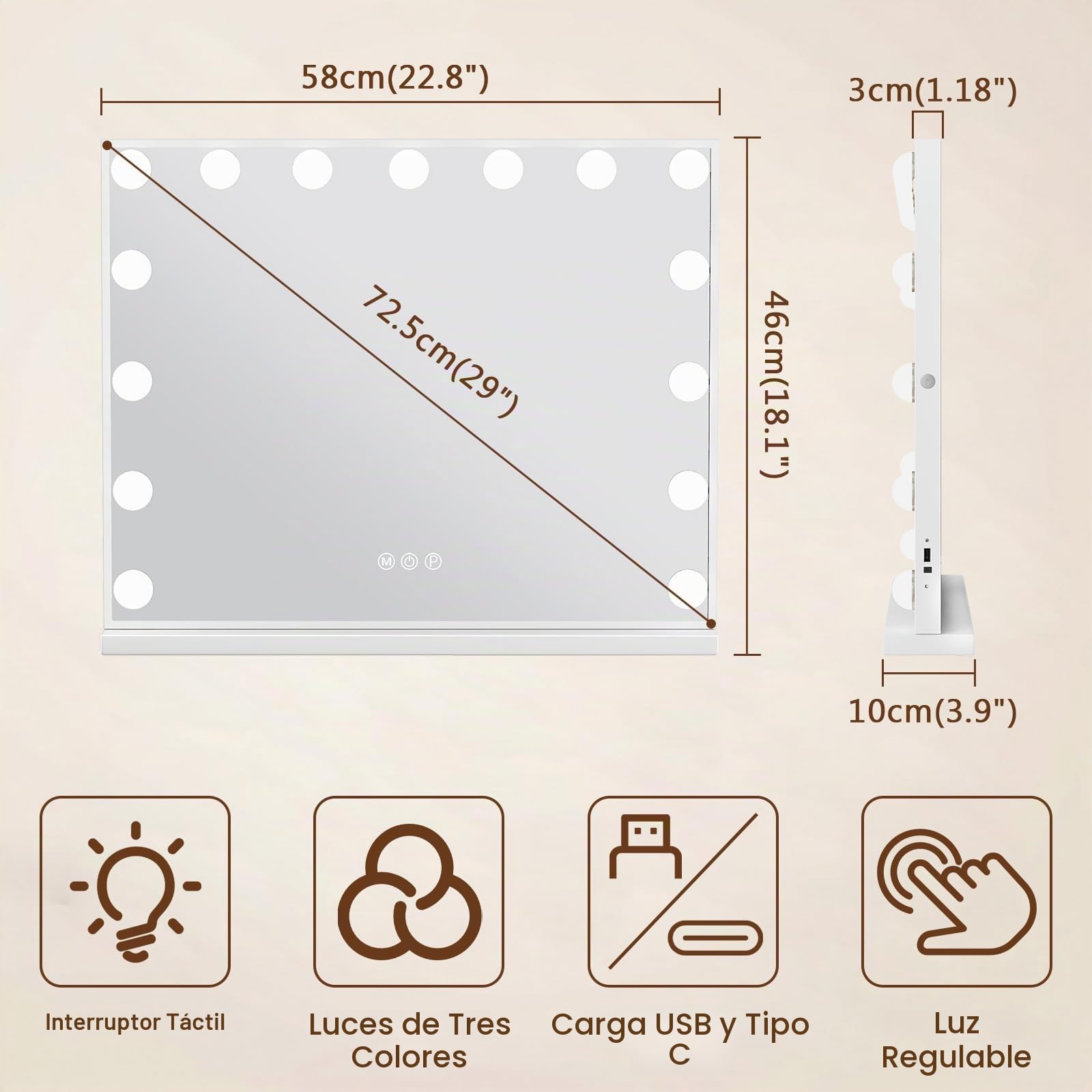FENCHILIN Espejo Hollywood de Maquillaje con Luz, Tocador con 15 Bombillas LED Rgulables y Puerto USB - Espejo de Pared o Mesa, 58x46 cm