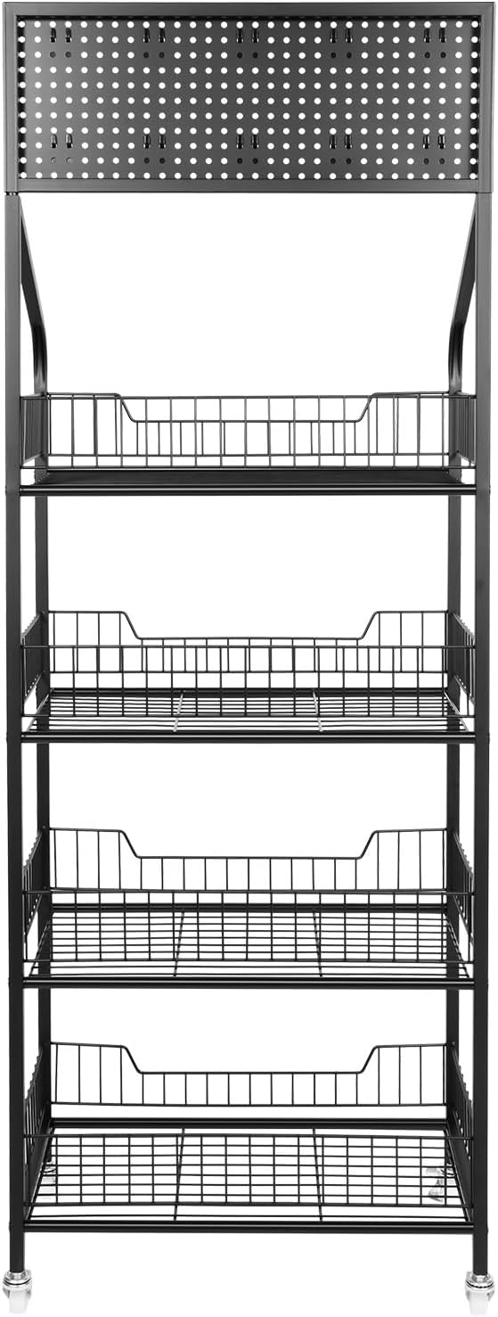 4-Tier Metal Wire Storage Shelf Display Rack with Wheels, Retail Snack Display Stand, Snack Candy Display Organizer (Black)