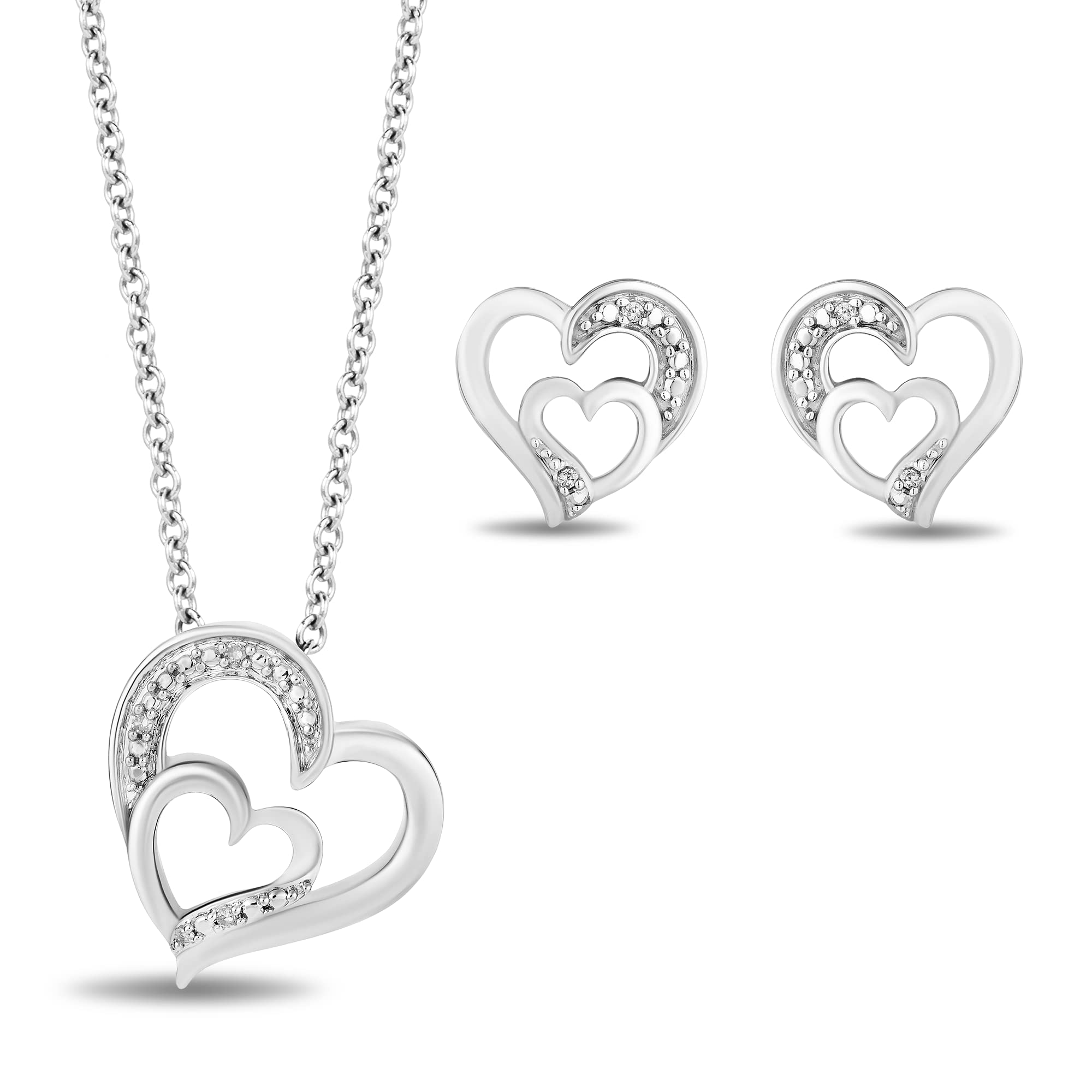 Jewelili Hallmark Fine Jewelry Sterling Silver Diamond Heart Earring and Necklace Box Set