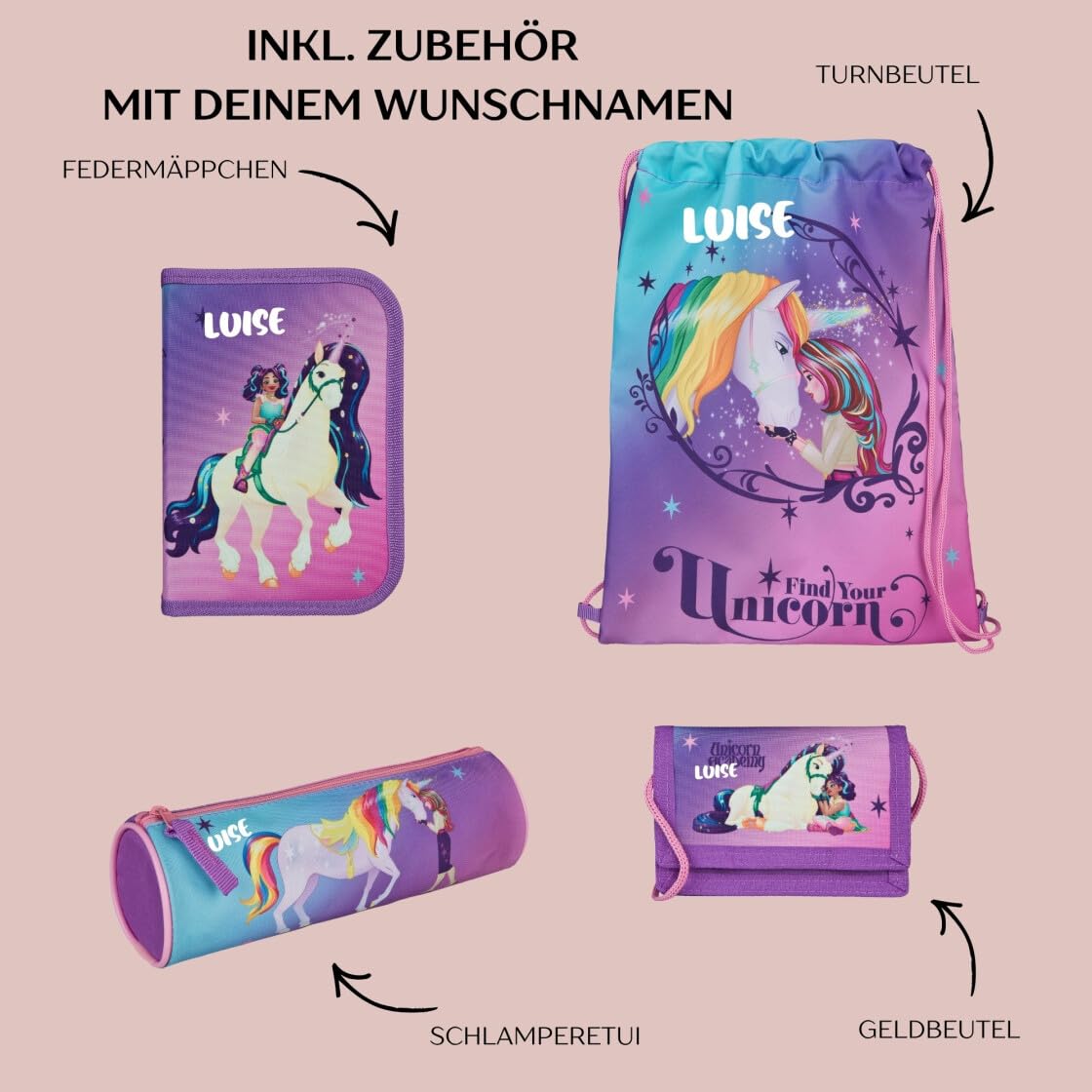 Undercover Juego de mochila escolar de 1ª clase, contenido personalizado con nombre, mochila escolar para niños y niñas, escuela primaria, unicornio de la Academia Unicorn