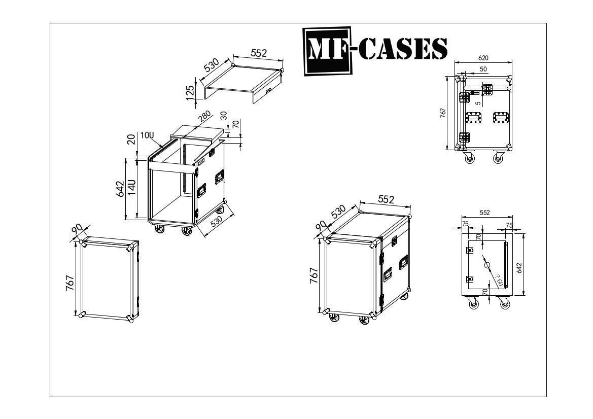 Winkelrack 14HE+10HE oben Notebook-Ablage Rollen Flightcase DJ Case