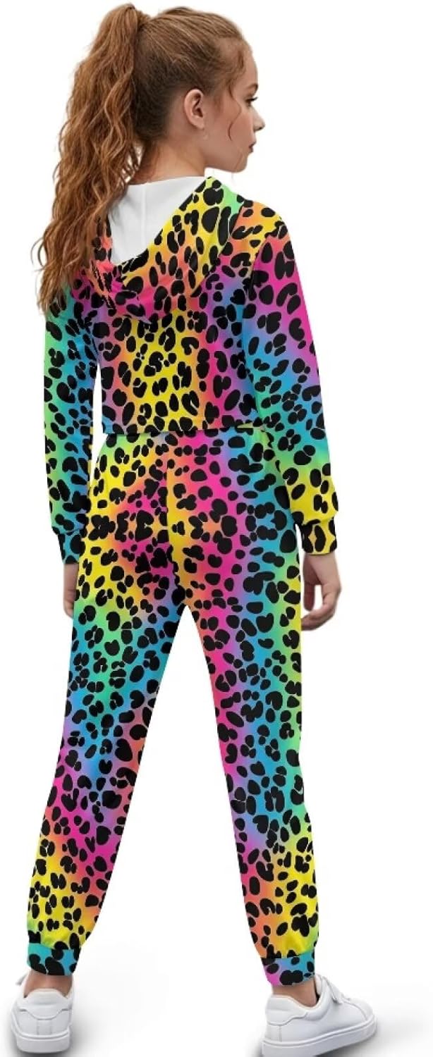 Xpyiqun Tracksuits Size 4-13 Years Outfits for Girls Graphic Sweatshirt and Sweatpants Kids Crop Hoodies 2PCS