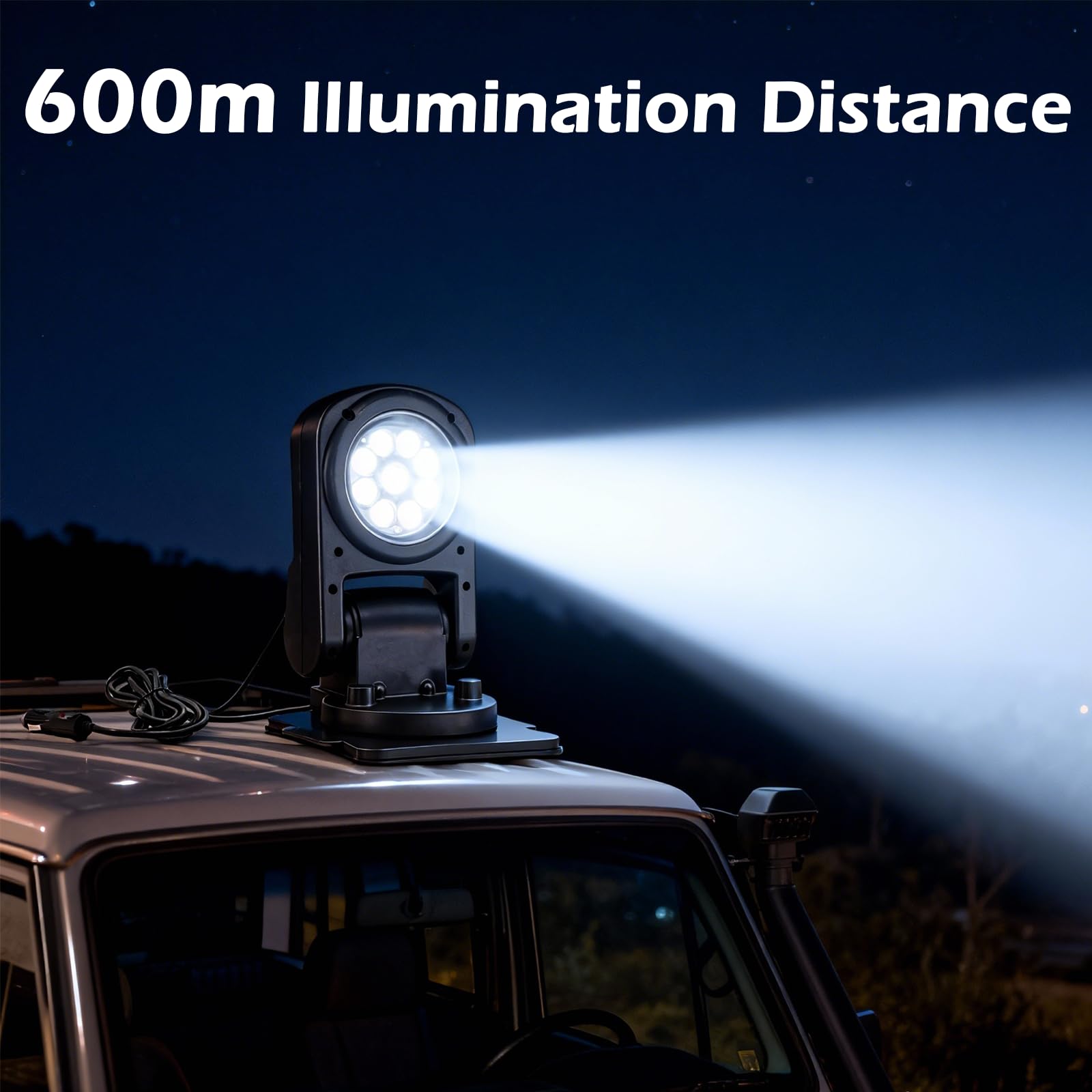 Faro da lavoro a LED, 45 W, 600 m, 8000 lm, con telecomando, 6500 K, per fuoristrada, ATV, camion, barche, IP67, rotazione a 360° (nero)