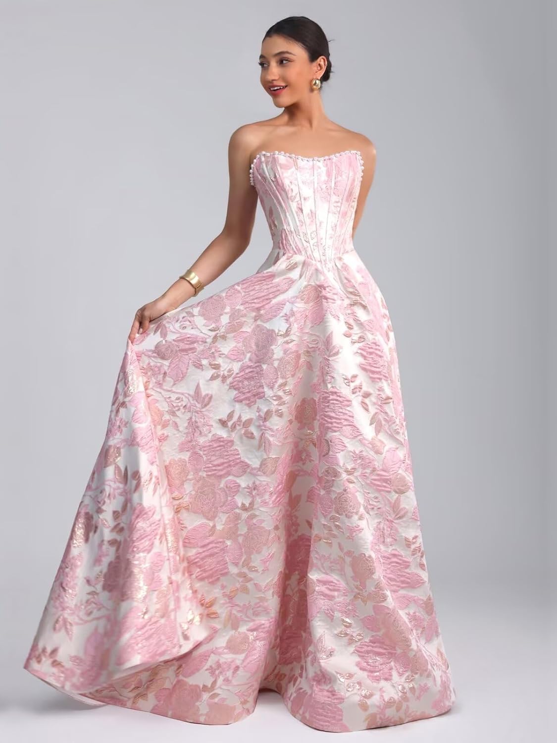 Floral Jacquard Satin Prom Dresses for Teens Corset A-Line Long Formal Evening Party Graduation Ball Gown with Pockets