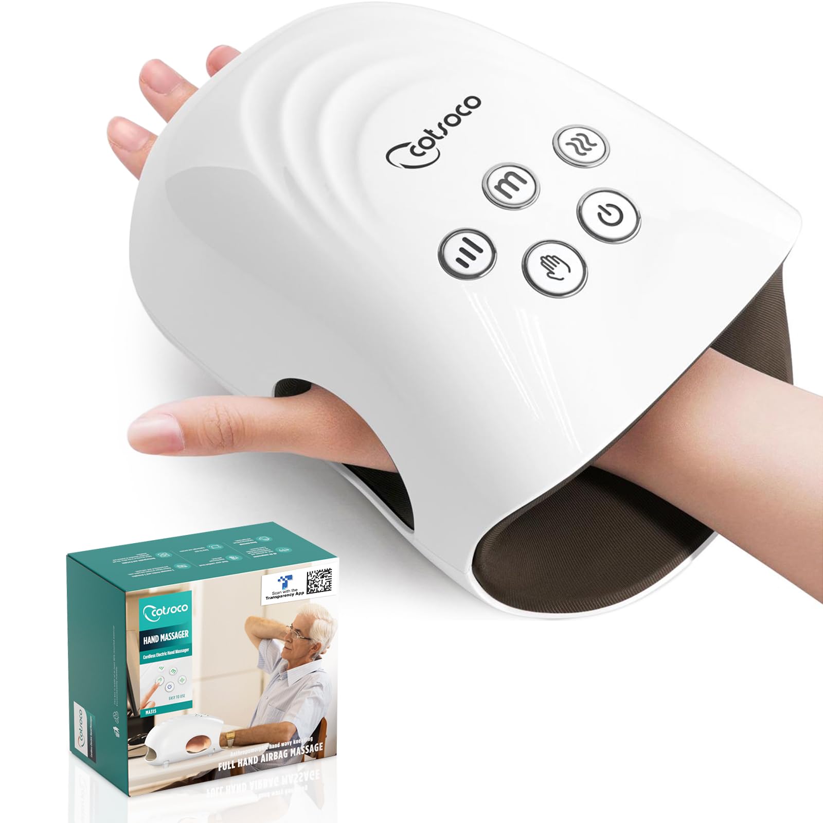 cotsoco Elektrisches Handmassagegerät mit Wärme und Kompression, Kabelloser Hand Massager zur Schmerzlinderung für Finger, Hände und Handgelenk, Geschenke für Damen und Herren, Weiß