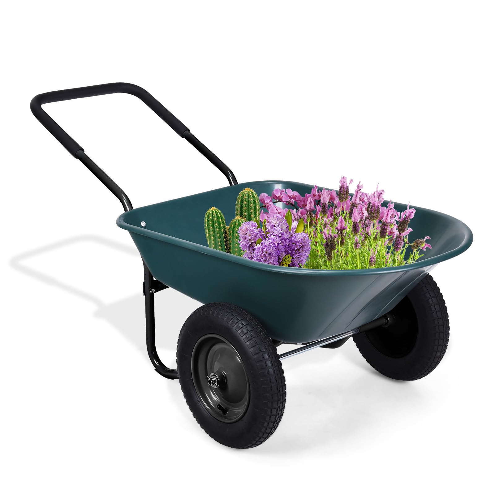 SOARS Schubkarre 100 Liter Volumen, Gartenschubkarre mit 2 Luftreifen, Gummigriff, Schiebkarre Transportkarre, ideal zum Bewegen von Boden, Pflanzenstrauch, Gartengerät, 65 x 145 x 65 cm (Grün)