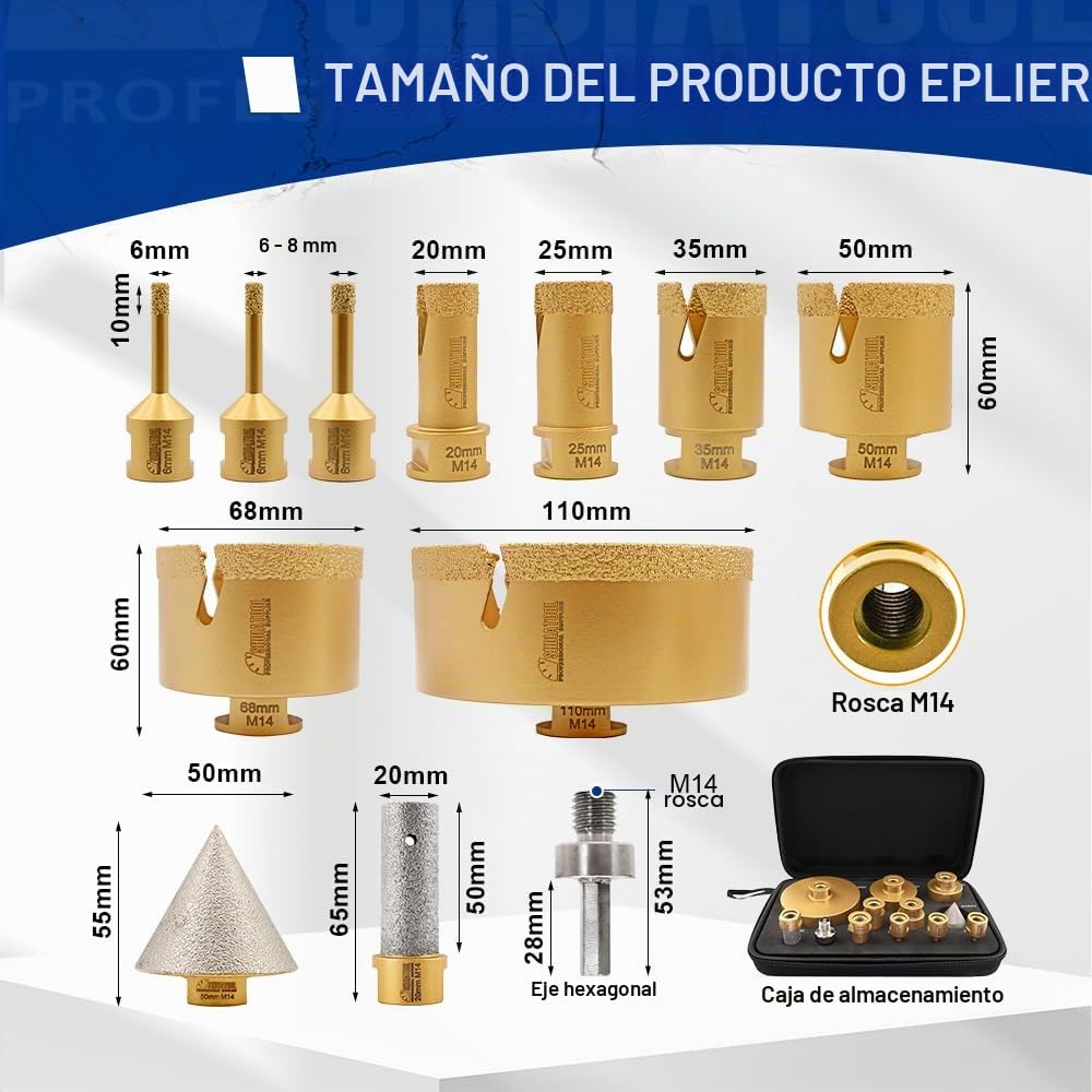 SHDIATOOL Broca de Diamante 12pcs (6/6/8/20/25/35/50/68/110+20mm Finger Milling Bit+50mm Broca biseladora+Hex) Kit de sierra de corona Brocas para azulejos para Porcelana Cerámica Mármol Rosca M14