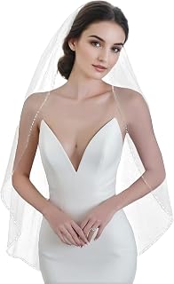 Wedding Veil Pearls and Crystals Beaded Edge 1 Tier Fingertip Length Bridal Veil