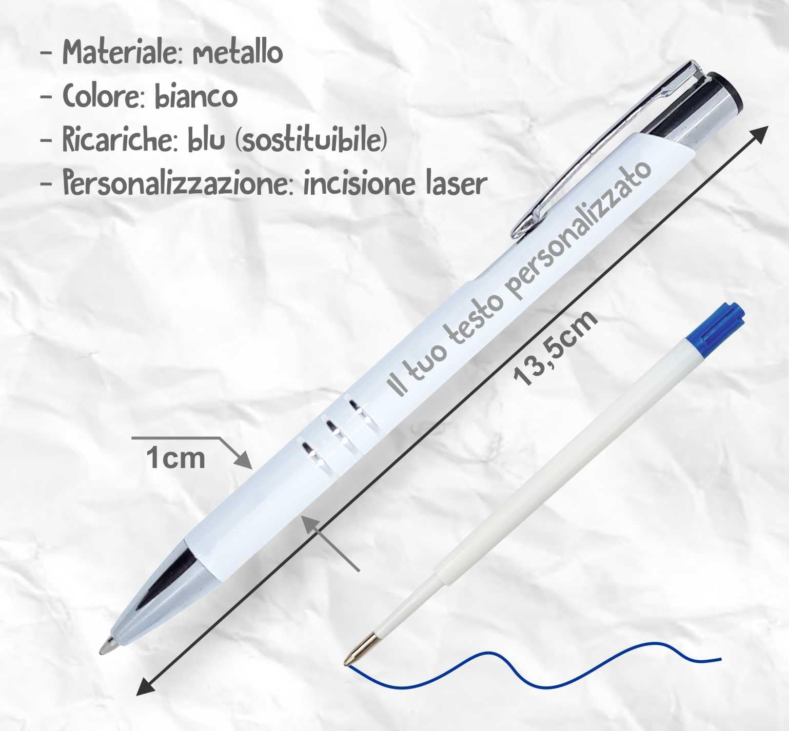 Penna personalizzata in metallo - Quantità 50 - Perfette come regalo personalizzato per gli ospiti di matrimoni, comunioni e compleanni o come Gadget Pubblicitario. (Bianco)