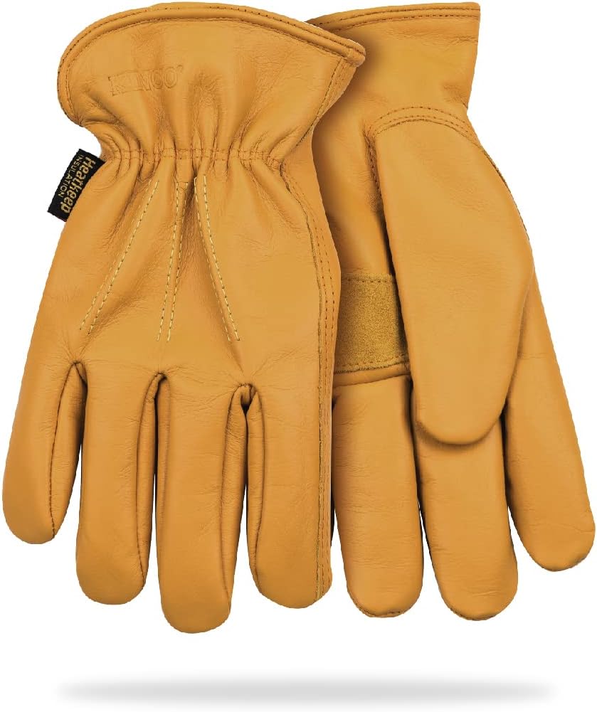 198HK-M, Lined Premium Grain Cowhide Driver with Palm Patch- Premium Full Grain Cowhide Full Finger with Thermal Lining and Shirred Elastic Wrist, Water-repellent, For Outdoors, Indoors - Medium