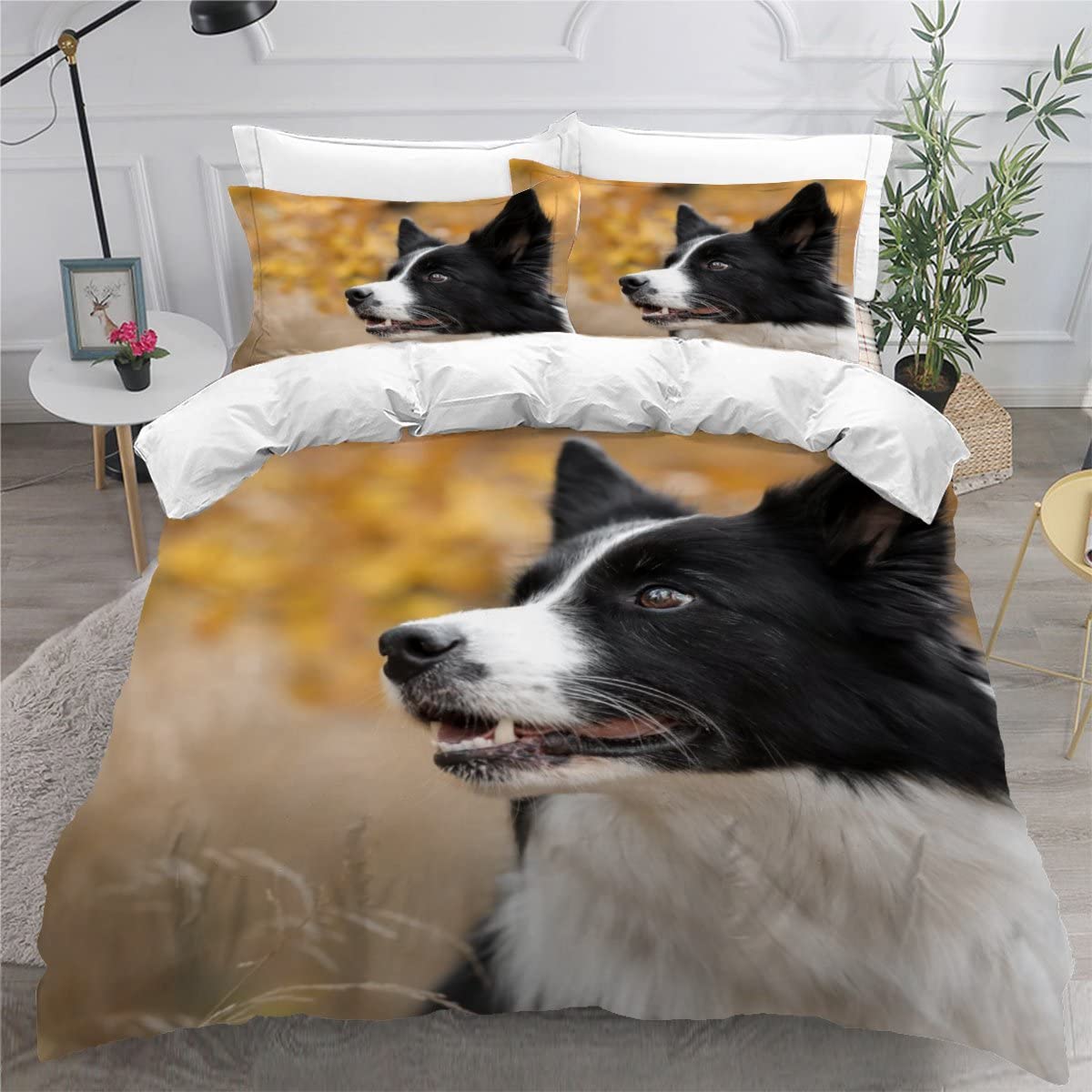 MEVASA King Bedding Set Border Collie 3d Printed Girls Boys Adults Soft Microfiber Fluffy Breathable Kingsize Duvet Cover Set Cute Puppy Bedding King Size with 2 Pillow Cases /230x220