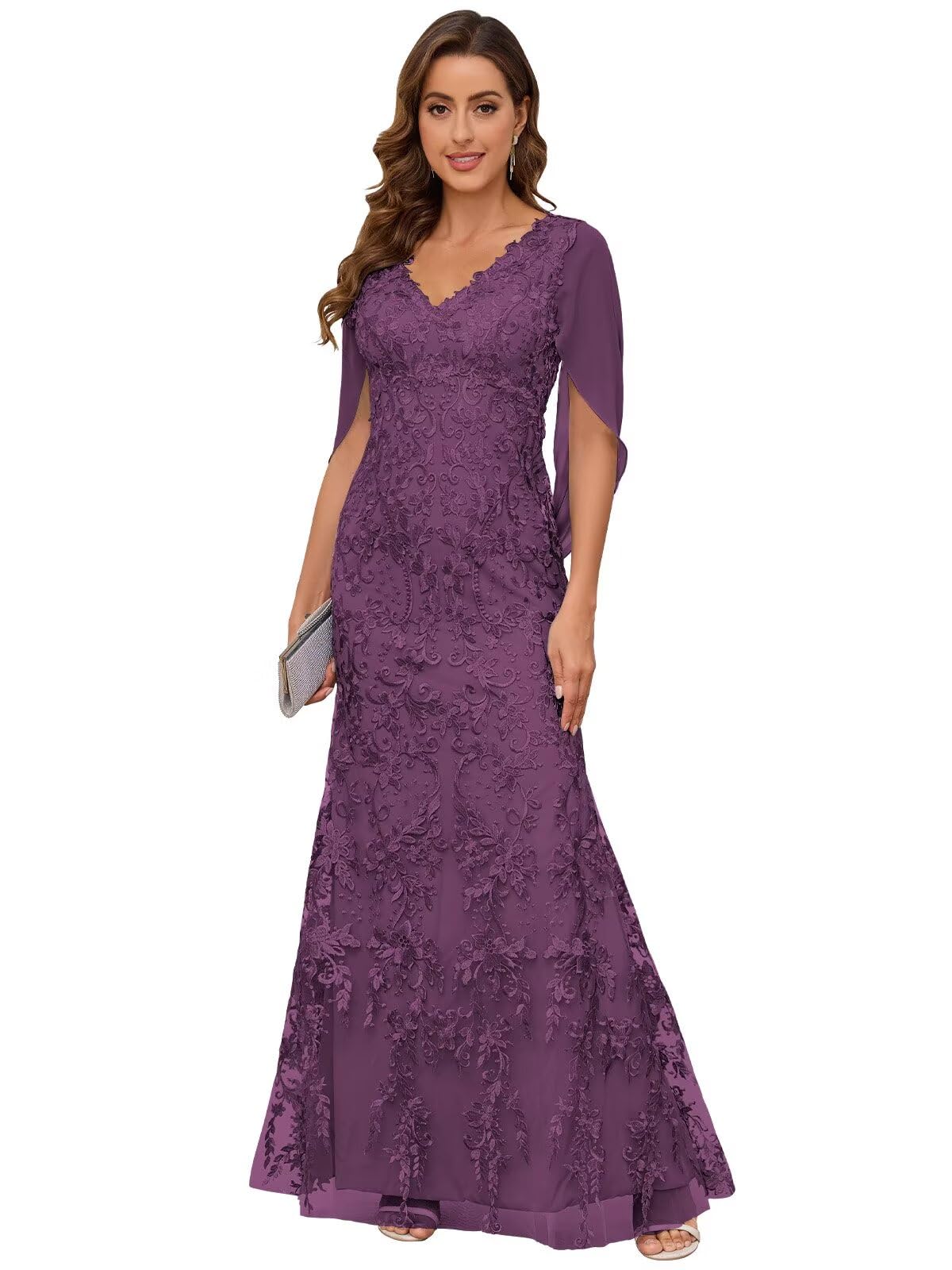 VCCICANY Lace Mermaid Mother of The Bride Dresses for Wedding V Neck Long Formal Evening Gown with Cape Sleeves