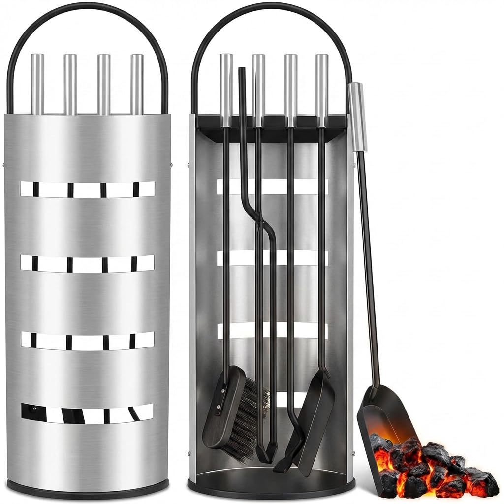 Melko Set di accessori per camino 6 pezzi con pratico contenitore per camino per cucina e casa, set di strumenti per camino con supporto, argento, set di pulizia per caminetto
