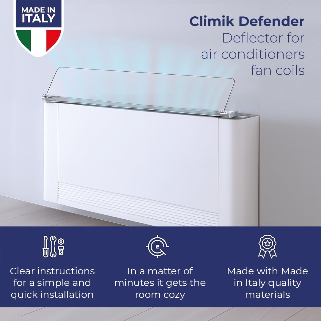 DEFENDER DEFLETTORE TRASPARENTE PER CLIMATIZZATORI FAN COIL IN POLICARBONATO CON PALETTA ORIENTABILE 0-90 GRADI, BARRIERA PROTETTIVA CONTRO CORRENTI D'ARIA DIRETTE, 88X15X5 CM