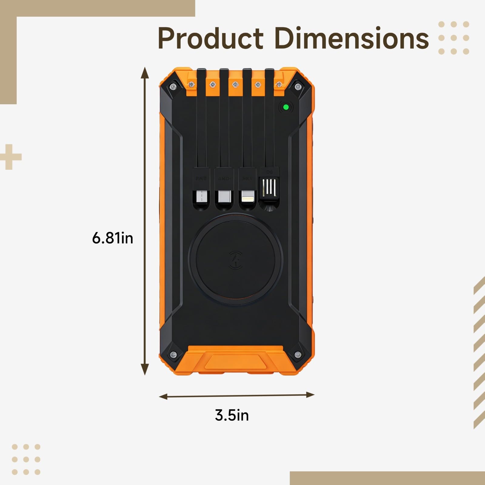 Cargador solar de 20000 mAh con carga inalámbrica, salidas USB duales y linterna LED, paquete de batería portátil para exteriores naranja y negro, 6.8 x 3.5 x 1.1 pulgadas
