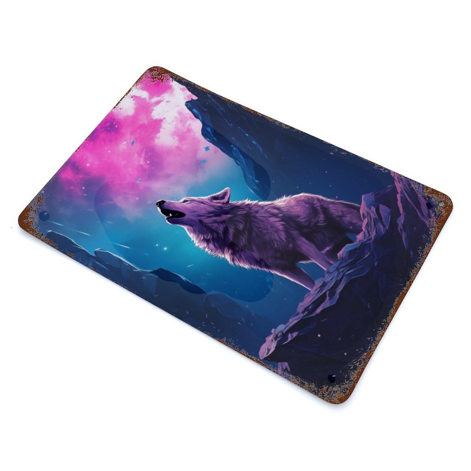 Garage Style Wolf Howling at The Moon Aged Metal Wall Plaque 11.8"x7.9", Farmhouse Wall Decor for Bar And Workshop