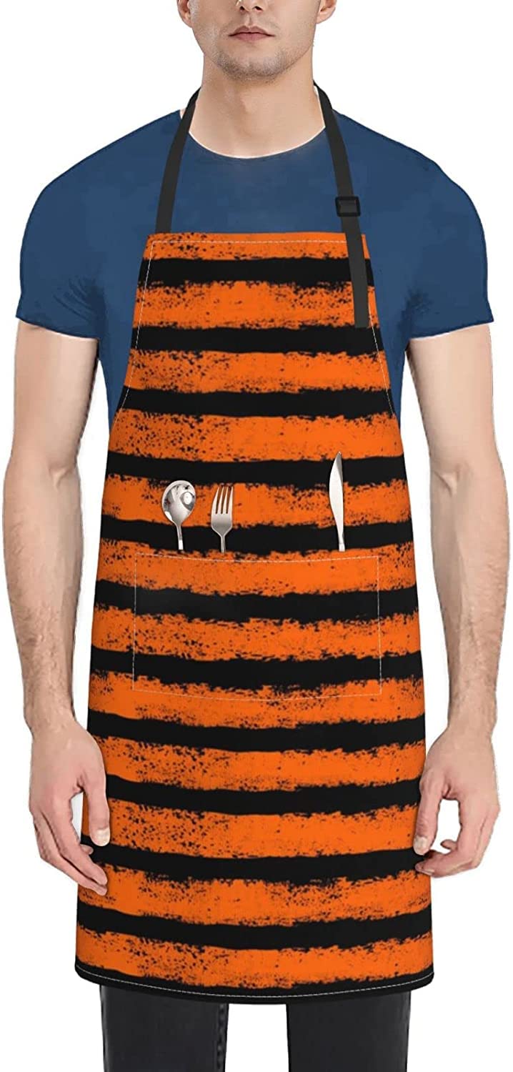 Torribala Unisex As Picture Kitchen Aprons, Orange Black Stripe Cooking Apron With Pockets,Waterproof Chef Apron Adjustable Bib Aprons
