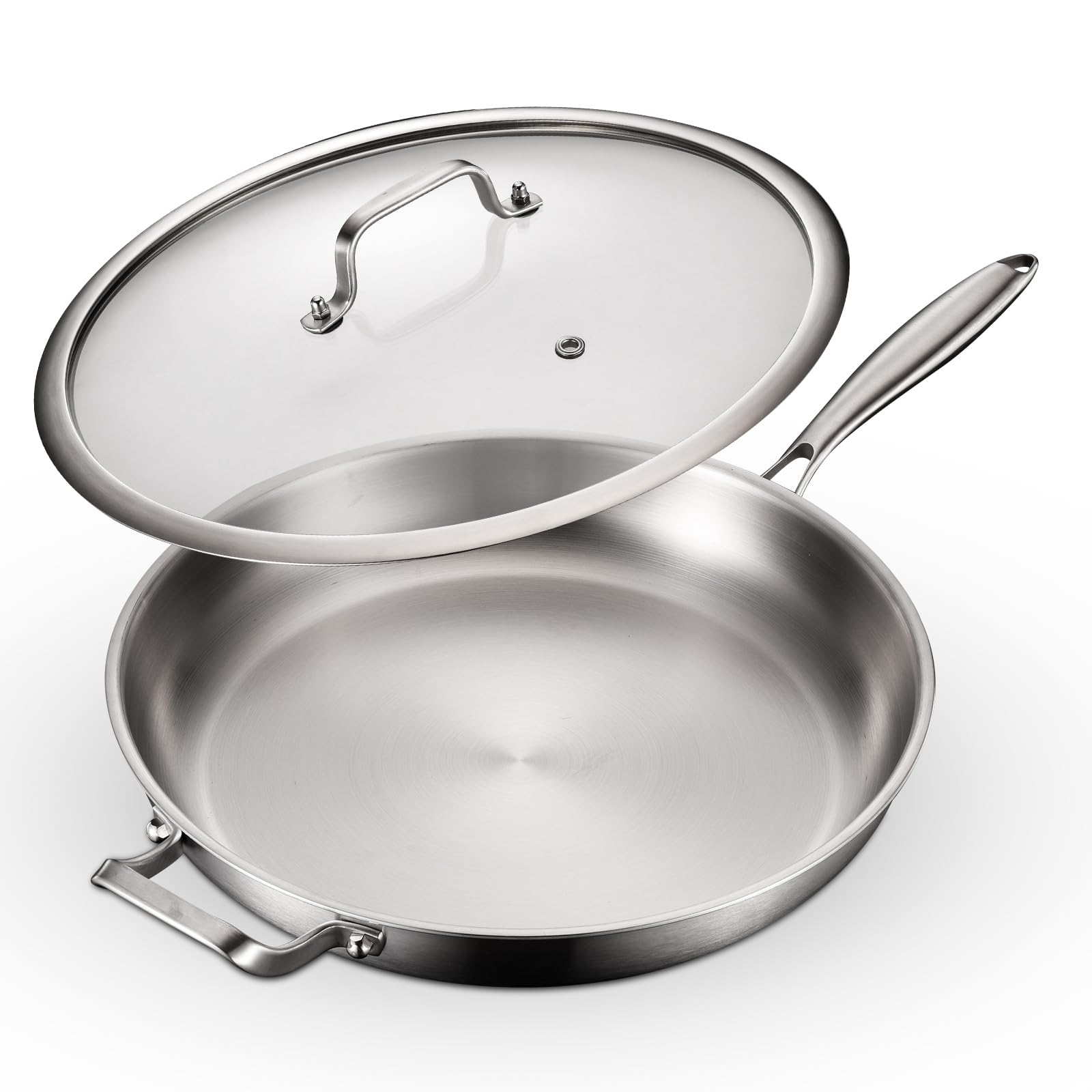 Nontoxicook Professional 36cm Tri-Ply Stainless Steel Frying Pan with Lid, Uncoated 14" Chef's Skillet, All Hobs Compatible Including Induction, Oven Safe to 315°C