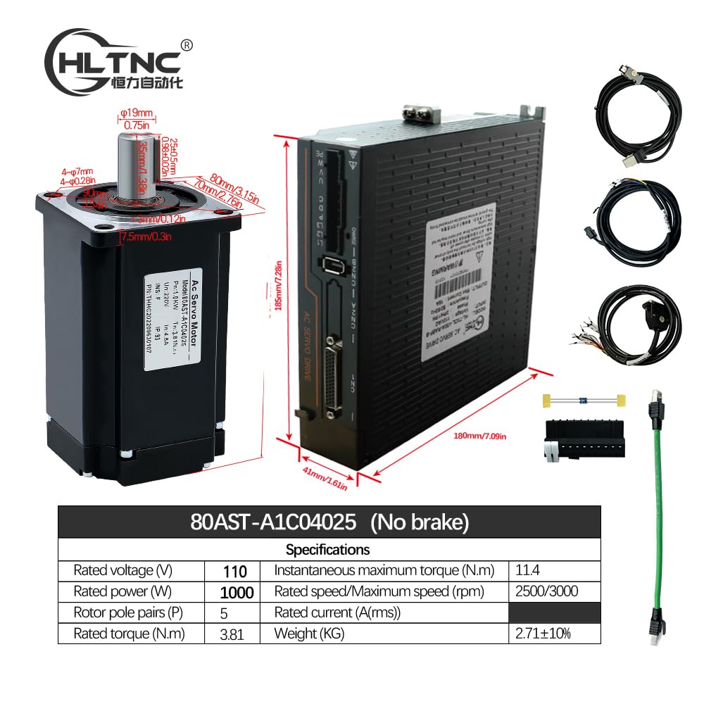 Servo Motor 400w 750w 1000W with 60 80 Flange 17 Bit Absolute AC 110V Servo Driver High Accuracy Magnetic Servo 3000-6000RPM. (1000W)