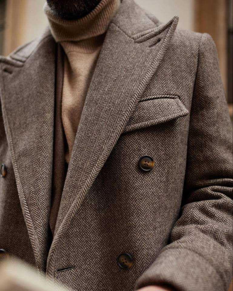 Men's Herringbone Wool Blend Trench Coat Knee Length Double Breasted, Peaked Lapel Regular Fit3