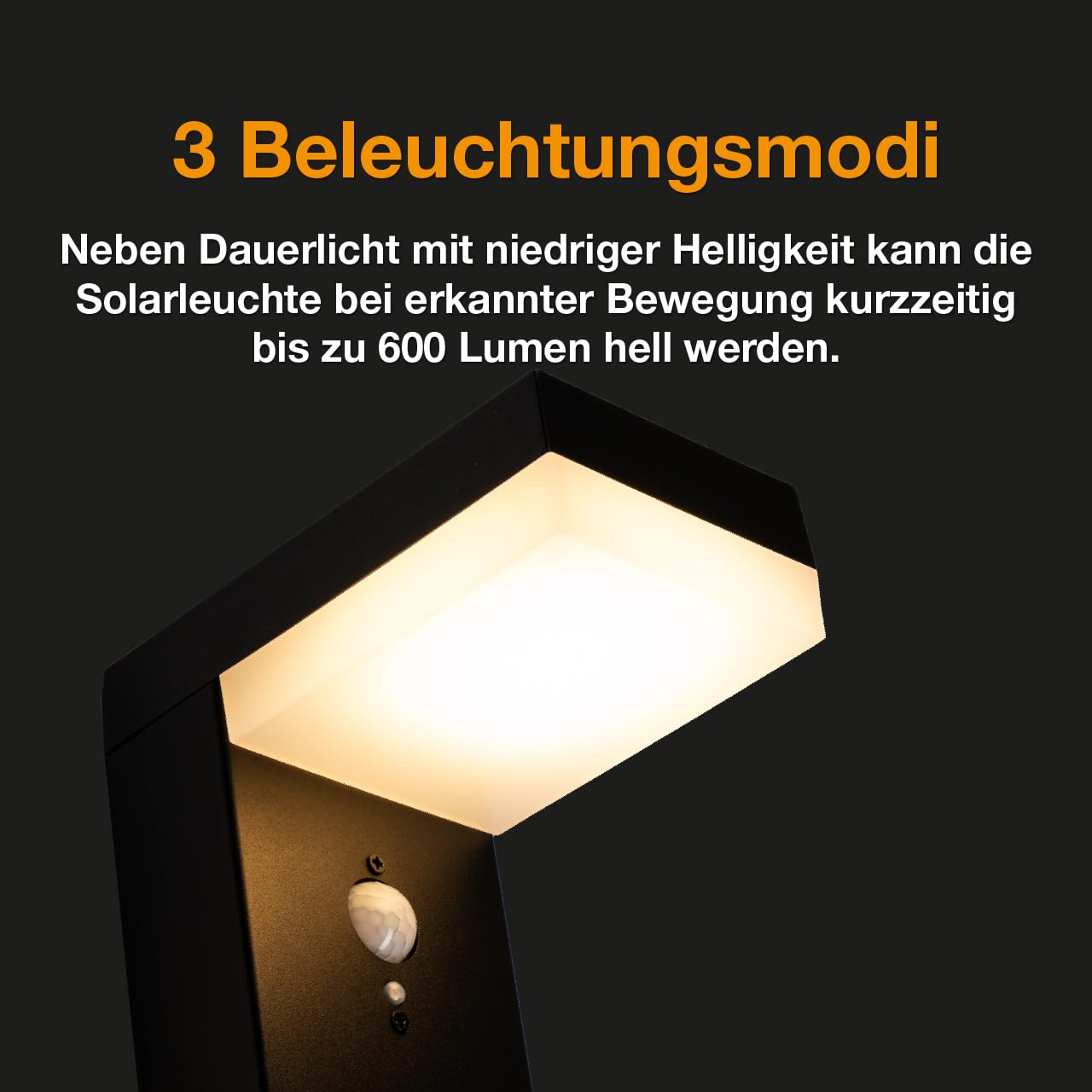 Proventa LED Solar Wegeleuchte mit Bewegungsmelder – 600 Lumen, warmweiß 2700K, 3,3W, IP44 – Wetterfeste Solar Gartenbeleuchtung für außen – Solarlampe für, Hof, Garten ohne Stromanschluss