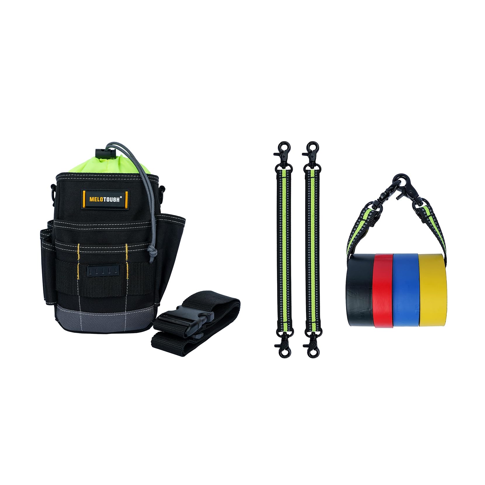 MELOTOUGH Tool Belt Pouches Electrician Tool Pouch with Belt Clip, Utility Top Drawstring Organizer Tool Bag + MELOTOUGH Tape Thong Electrical Tape Holder with Snap Hooks Electrician Tape Strap(2 pcs)