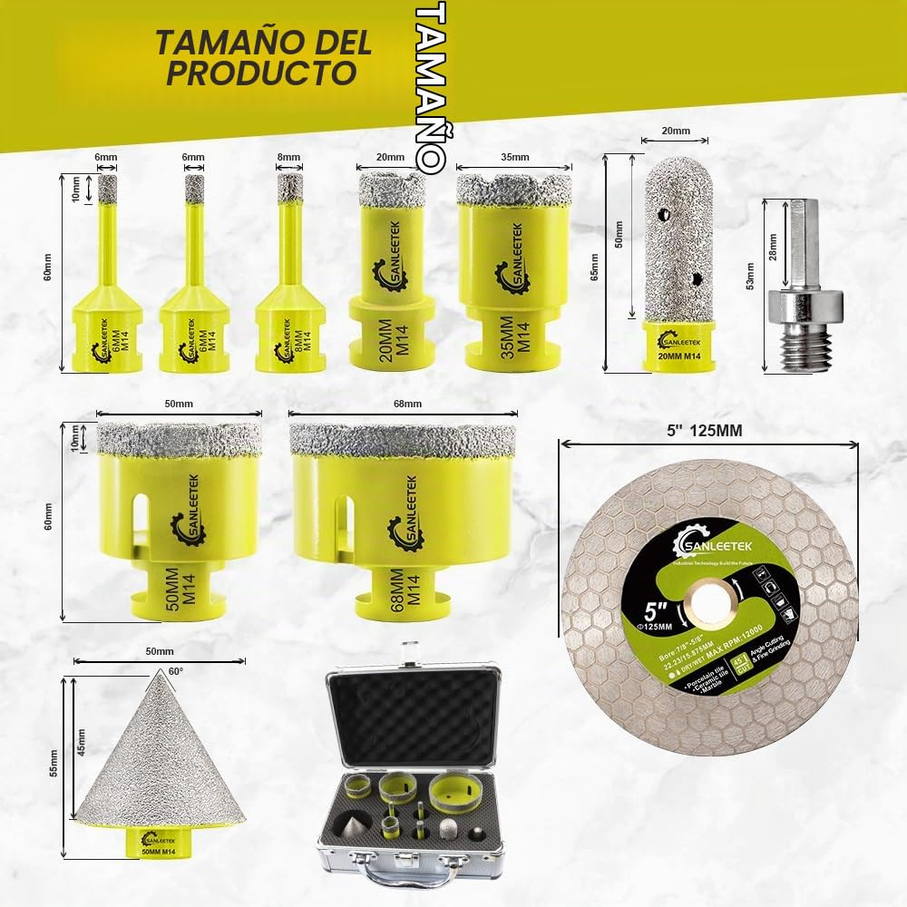 Broca Diamante Porcelanico - Kit de 11 Piezas para Porcelanico, Cerámica, Mármol, Granito y Piedra Artificial