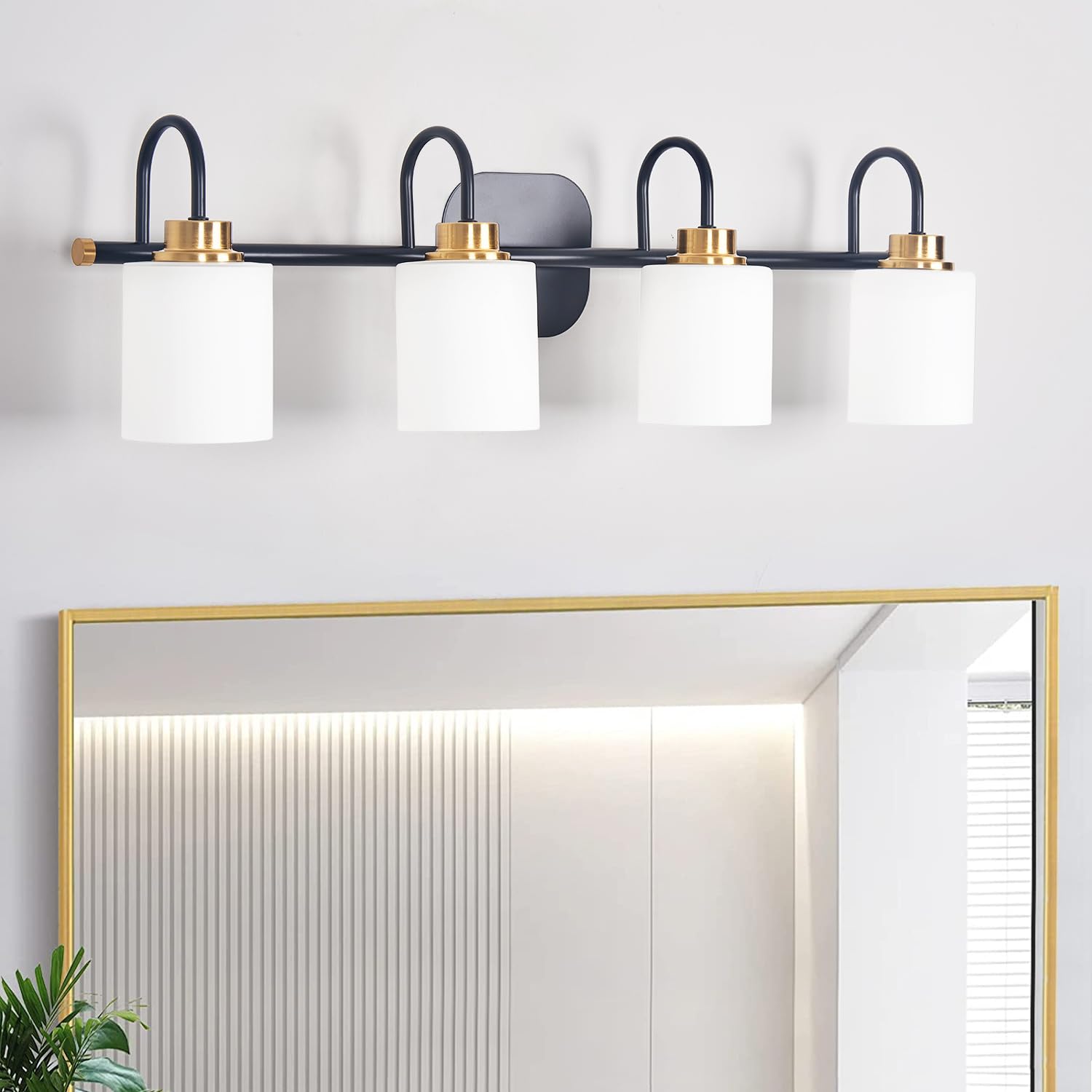 ZHUOER 4 Light Mid Century Modern Matte Black and Gold Bathroom Vanity Light Fixtures Wall Sconce with Milky Glass Shade Modern Bathroom Vanity Lights Over Mirror(Exclude E26 Bulb)