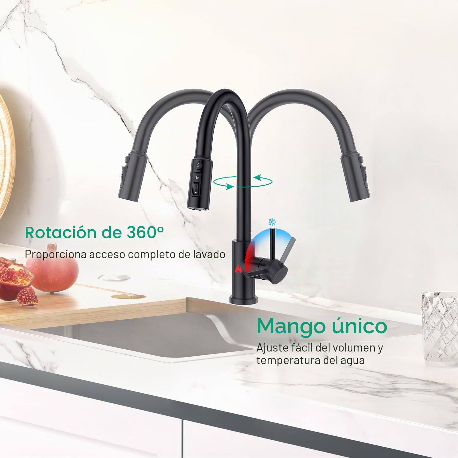 CREA Grifo de cocina de 3 vías,3 En 1 Grifo De Fregadero,Negro Mate | Giratorio a 360° Grifo Monomando Fregadero De Cocina Para Filtro De Agua , De Cocina Para Sistemas De Ósmosis