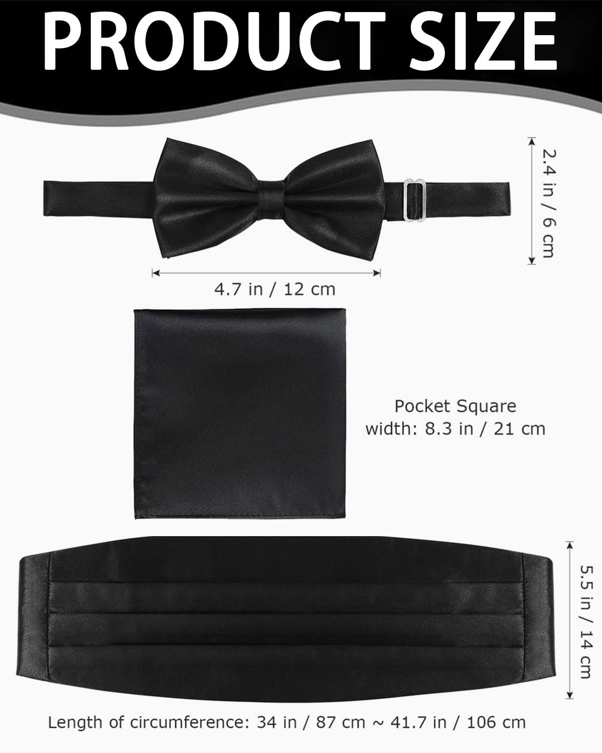 BARRU 3 pcs Set Kummerbund Herren Halloween Verstellbarer Kummerbund für Smoking Frack Anzug Hemd, Mit Fliege und Einstecktuch, schwarz