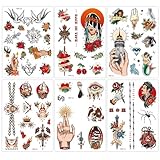 Qpout 6 Feuilles De Tatouages Temporaires Classiques Style Old School, Fleurs Traditionnelles Roses,Tatouages Corporels ColoréS RéTro Pour Bras, Autocollants De Tatouages Factices Pour Adultes