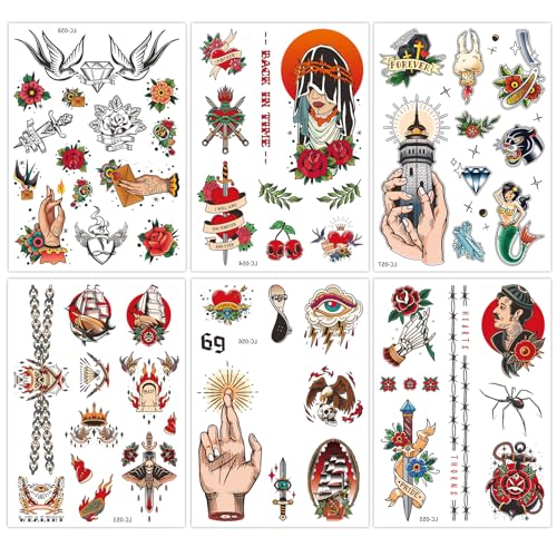 Qpout 6 Feuilles De Tatouages Temporaires Classiques Style Old School, Fleurs Traditionnelles Roses,Tatouages Corporels ColoréS RéTro Pour Bras, Autocollants...
