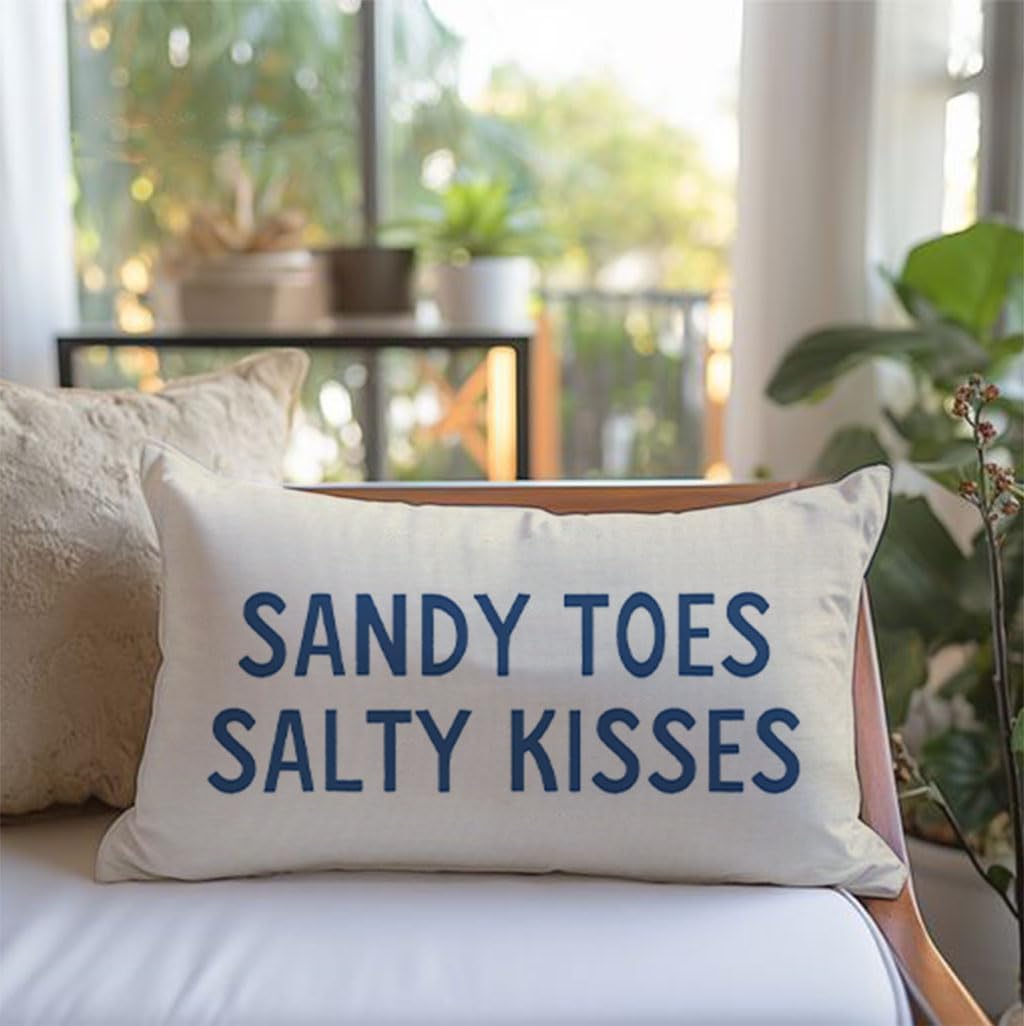 PANDICORN Summer Beach Throw Pillow Covers 12x20 Inch Blue Words Sandy Toes and Salty Kisses Coastal Outdoor Decorations Lumbar Decorative Throw Pillows Cases for Home Living Room Couch Sofa Decor - Image 3