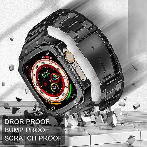 Image of BAITEYOU Stainless Steel Watch Band with Case Compatible with Apple Watch band Ultra 3 2 1 49mm, Rugged Strap with Metal Protective Bumper Cover for iWatch Bands Men (Black)