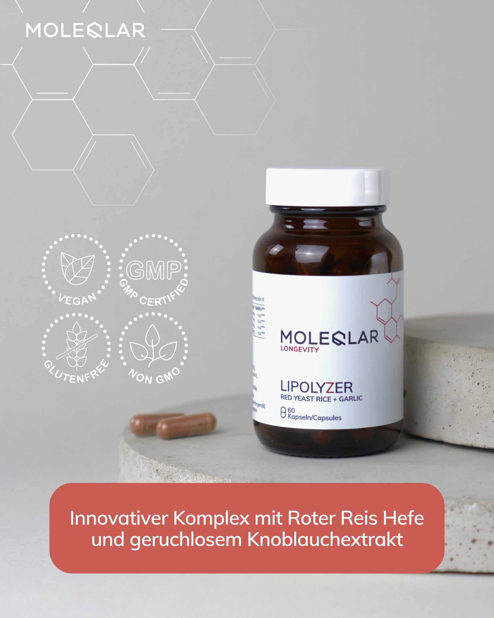 MoleQlar Roter Reis Kapseln 60 Stück - Lipolyzer Komplex mit geruchlosem Knoblauchextrakt - 2,9 mg Monacolin K und 3 mg SAC pro Kapsel - Innovative Formulierung