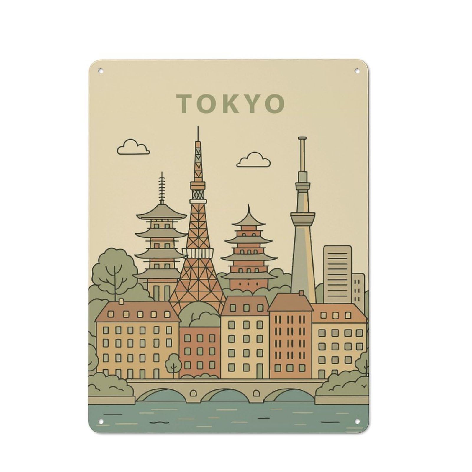 Junmoney Tokyo Vintage Illustration Vintage Metal Plaque 40X30cm For Café Or Restaurant, A Decorative Gift For A Newly Furnished Café And Restaurant