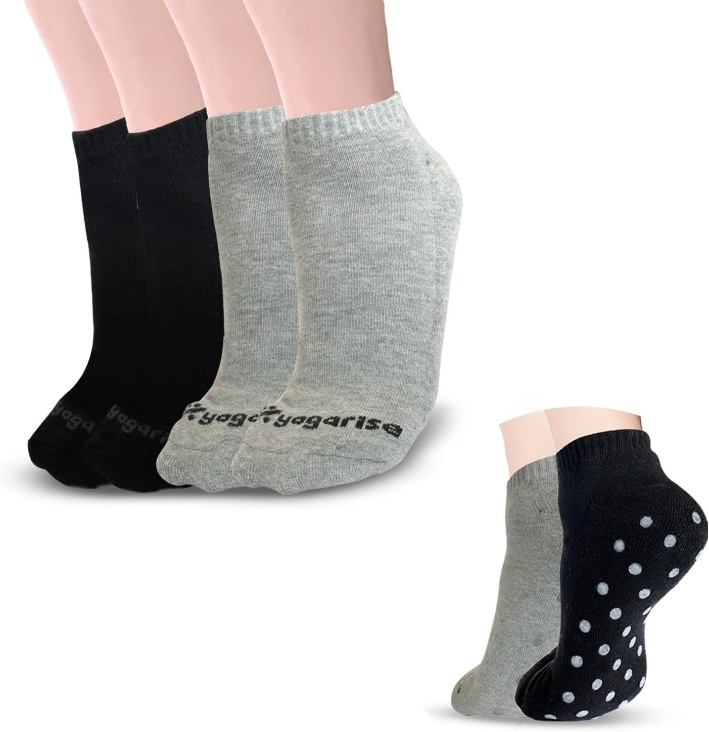YOGARISEAnti-Slip Yoga Socks For Women, Anti-Skid Breathable & Moisture Wicking, Odour Free Ankle Length Cotton Socks with Rubber Soles for Men and Women, Ideal for Yoga/Pilates/Dance - Pack of 2