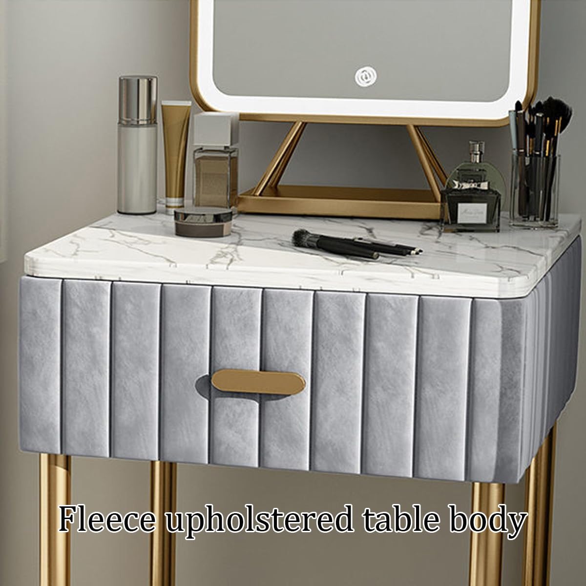 Moderno tavolo da toeletta grigio con specchio e illuminazione, piccolo tavolo da toeletta con cassetti e sgabello, elegante scrivania per gli amanti del trucco, altezza 40 cm