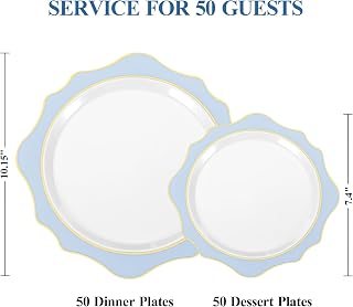 Realluck 100 Pack White & Blue Scalloped Disposable Plastic Plates - 50 Dinner (10.15") & 50 Dessert (7.4") for Parties, Weddings, Graduations
