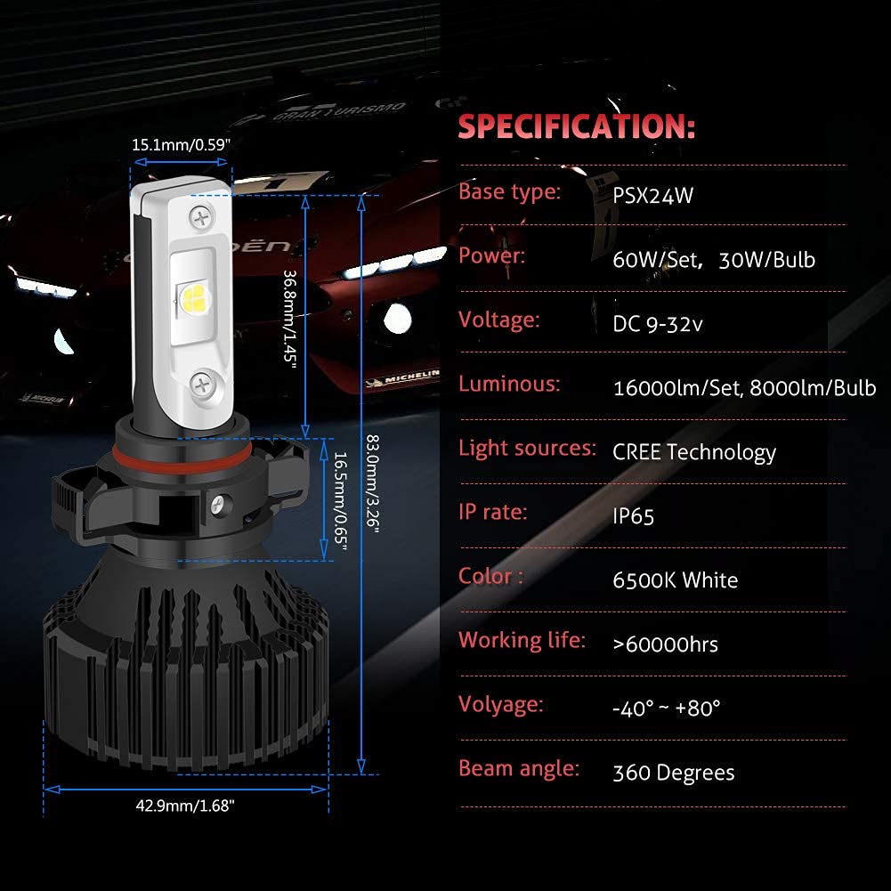 PSX24W Kit de Conversion D'ampoules de Phare Ampoules à Del Super Brillantes 16000LM 16 jetons XHP50 Blanc Pur 6500K étanche, DC 9-32V, Garantie de 2 Ans (Pack de 2)