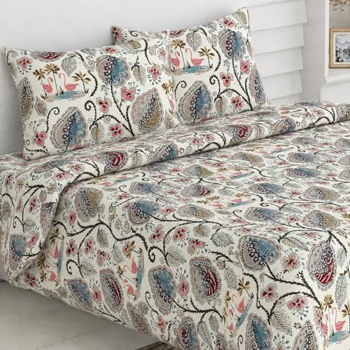 Image of ElanorHomes 240 TC Cotton Double King Size Bedsheet | Hand Printed | Ultra-Soft & Skin-Safe | Breathable Summer Comfort | 93x108 inches with 2 Pillow Covers (Flamingo Petals)
