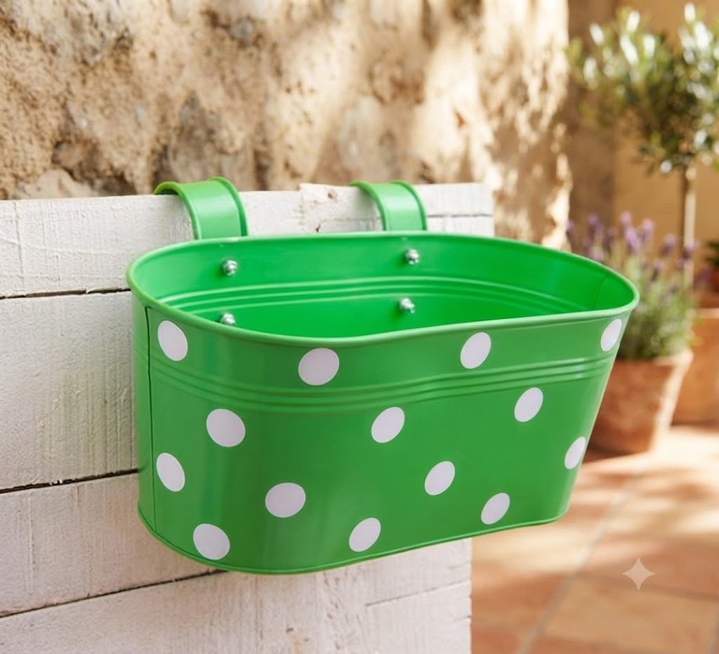 SPD Metal Hanging Fence Planters, Balcony Railing Flower Pots with Built-in Hooks, Rust Resistant Oval Metal Planters, Colorful Polka Dot Garden Pots for Balcony Fence Patio Indoor Outdoor Decor-image-31