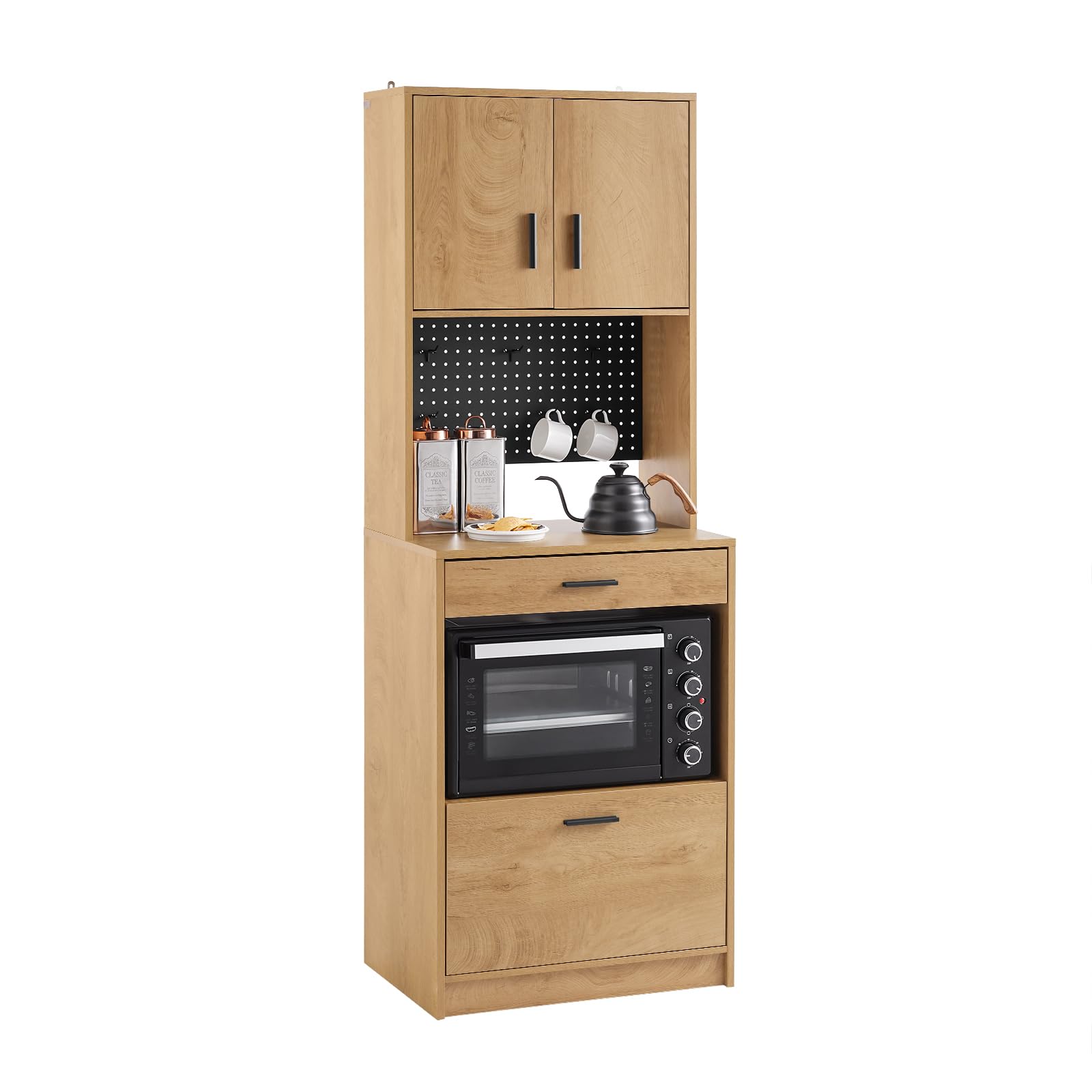 SoBuy Mikrowellenschrank mit Lochwand für Haken & Schublade, 60x170x40cm | Hochschrank mit offenem Fach & viel Stauraum, 10 kg je Fach/5 kg Schublade, PB, für Küche & Vorratsraum & Büro, FSB98-N