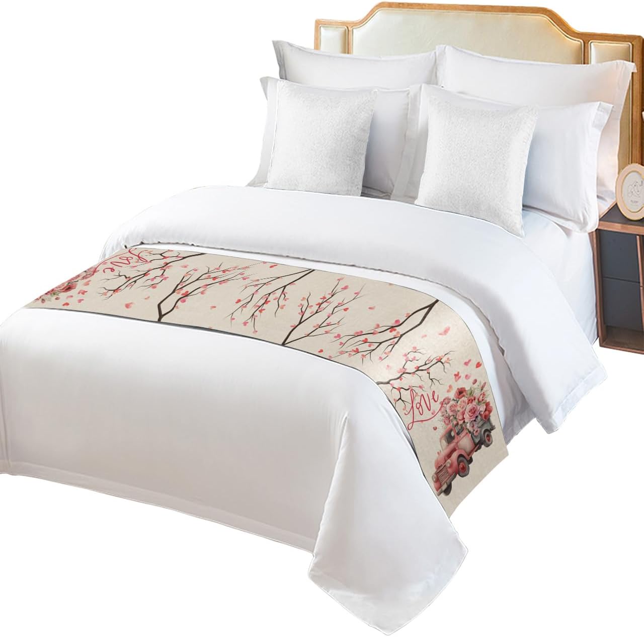 Valentine's Truck Lvory Bed Runner Scarf Bedding Accessory For Queen Size Bed,Soft Bed Scarves And Runners Stainproof Dustproof Bedroom Protector For Hotel,Retro Romantic Rose Watercolor 94"x20"