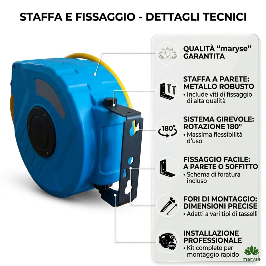 Avvolgitubo Aria Compressa Automatico 12 Metri, Tubo Flessibile in PVC Rinforzato con Attacco Rapido 1/4", Supporto a Parete Girevole 180°, Sistema di Blocco e Riavvolgimento per Officina e Garage