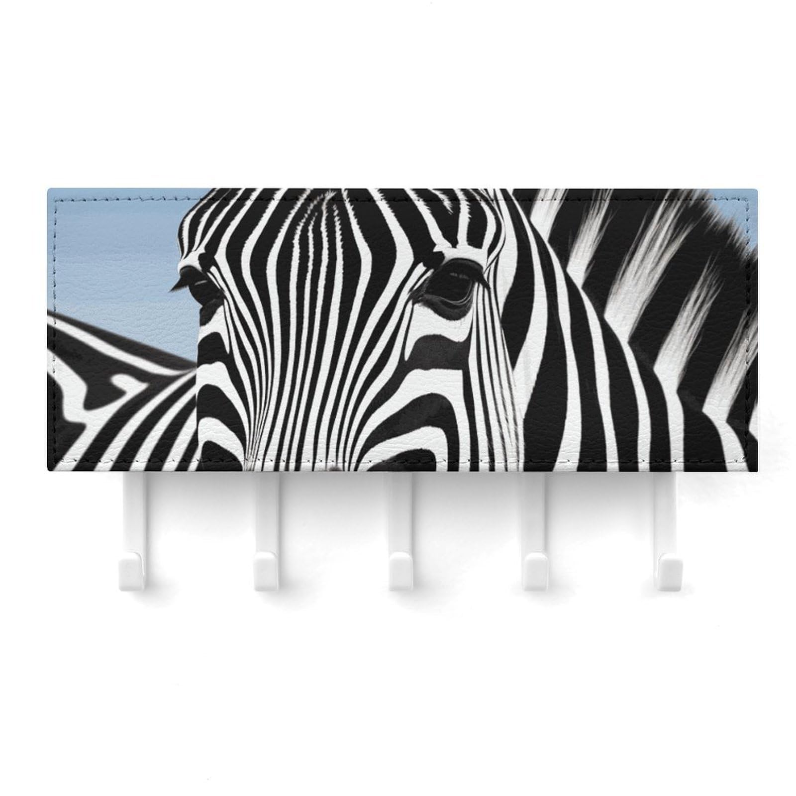 Fekiloot White Zebra Key Holder For Wall Adhesive, No Drilling, Key Hooks With 5 Hooks Wall Mounted, Self Adhesive Keys Rack For Entryway, Hallway, Living Room, Kitchen, Office