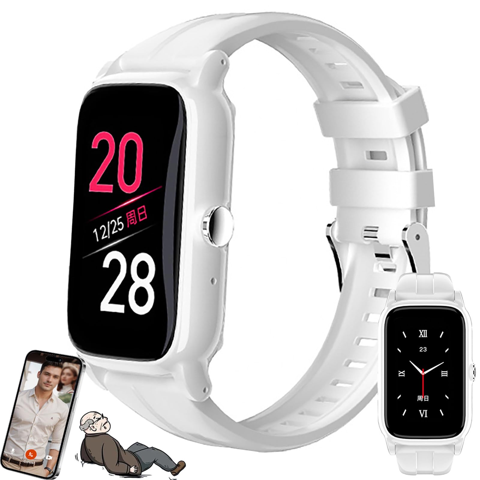 Smartwatch 4G con Rilevamento delle Cadute E Pulsante SOS, Videochiamate Bidirezionali in HD, Braccialetto con Localizzazione GPS per Prevenire Lo Smarrimento, Genitori White